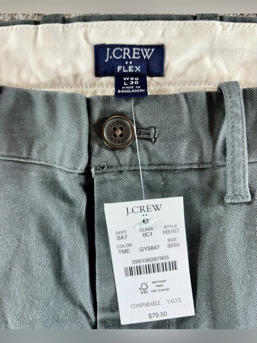 NWT J. Crew Men’s 30/30 Slate Gray Slim Fit Flex Chino Pants